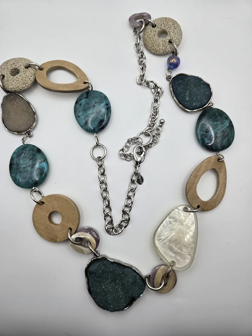 Chico's Teal Wood Silver Mixed Media Necklace Druzy Labradorite Turquoise READ